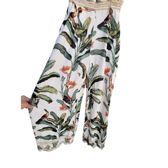 PatBo Tropical Bird Print Crochet Lace Tortoise Button Resort Beach Jumpsuit 4‎ - Picture 6 of 12